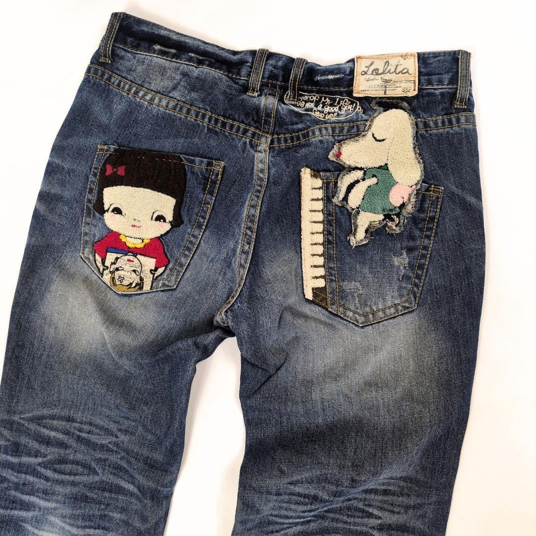 LOLITA JEANS Yoshitomo Nara denim jeans Size XXL Rare Design Embroidery