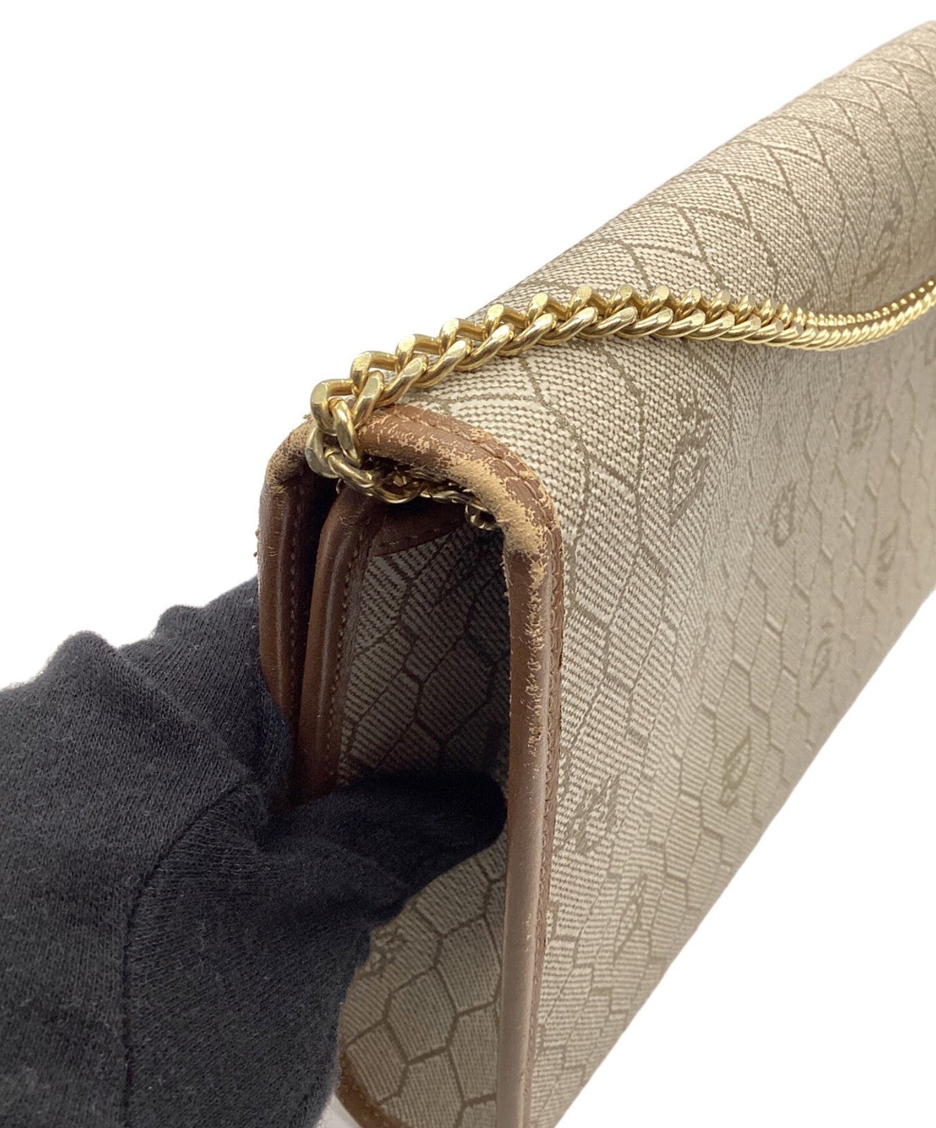 Dior Honeycomb Chain Shoulder Crossbody Bag Beige Canvas Leather Vintage Auth