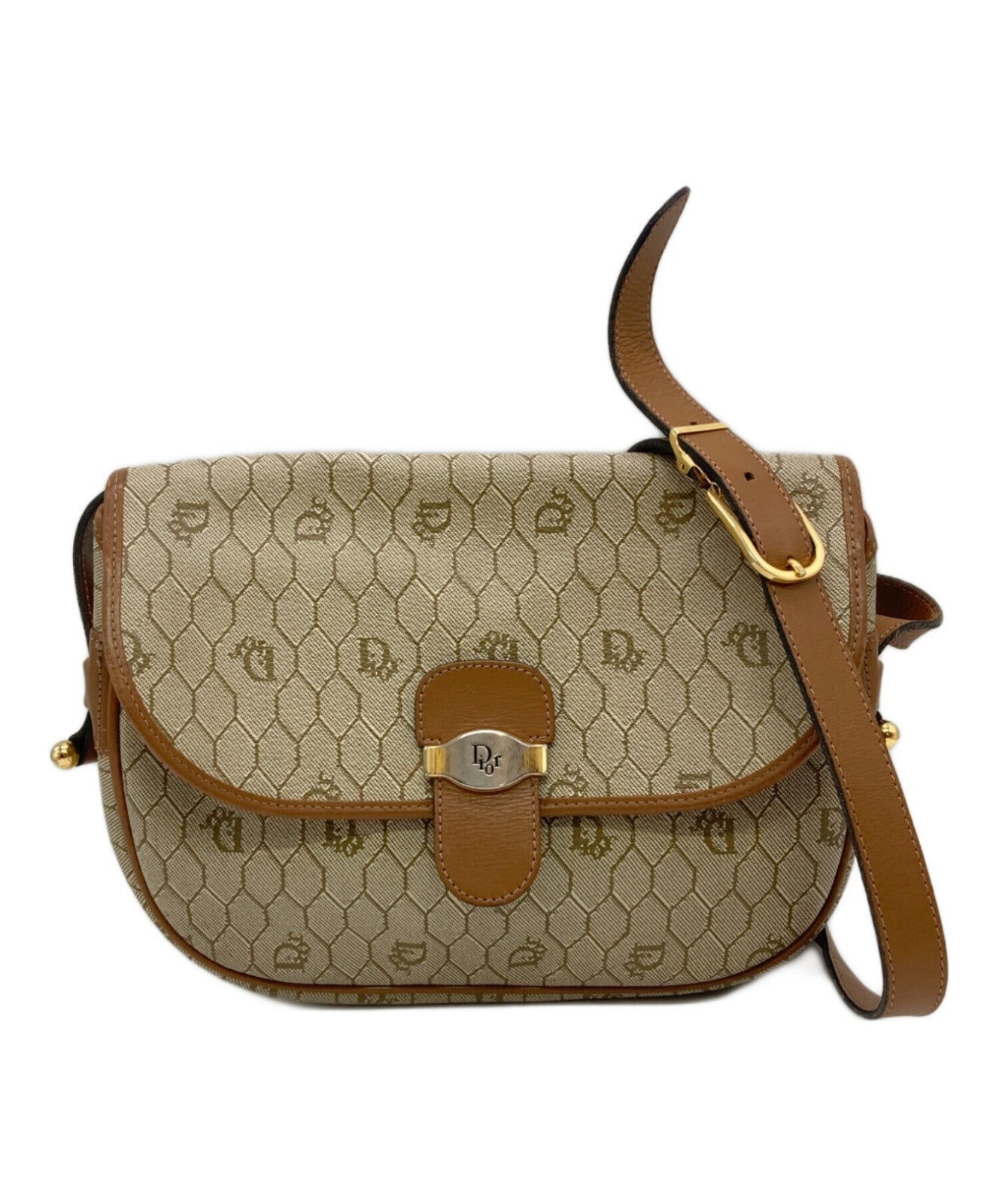 Dior Honeycomb Shoulder Crossbody Bag Beige Canvas Leather Vintage Auth 1121
