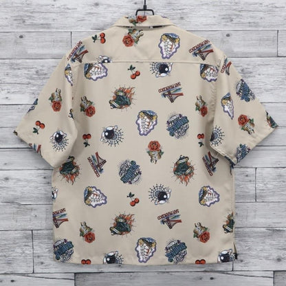 Rare Ben Davis Ink Full Pattern Tattoo Print Open Collar Shirt L