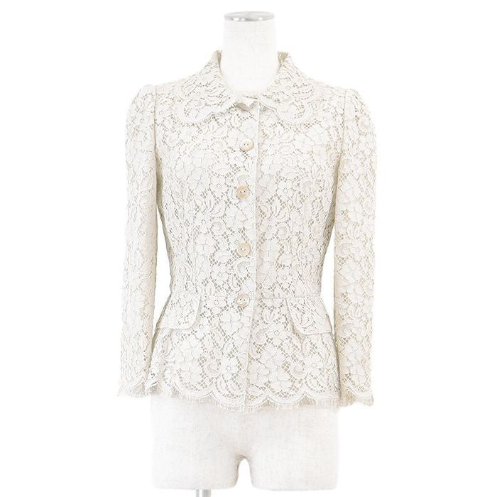DOLCE&GABBANA Flower Full Lace Tulle Scallop Sheer Jacket Women Size 38 Ivory