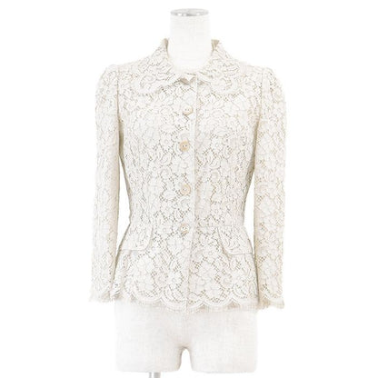 DOLCE&GABBANA Flower Full Lace Tulle Scallop Sheer Jacket Women Size 38 Ivory