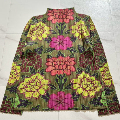 PLEATS PLEASE ISSEY MIYAKE Floral Embroidery High Neck Top Size 4 Japan Used
