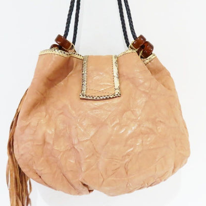 Jimmy Choo Fringe Leather Embossed Tote Bag Beige 36x28x8cm Strap Length 68cm