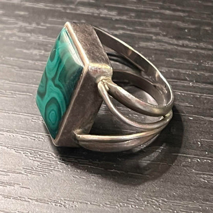 Vintage No. 13 Silver Malachite Ring 1.9cm Wide Unique Design