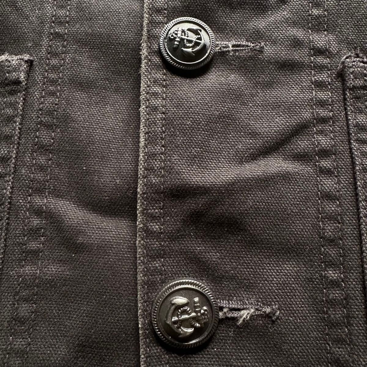 US NAVY Denim Jacket Black L Vintage Processed Canvas Shawl Collar JAPAN