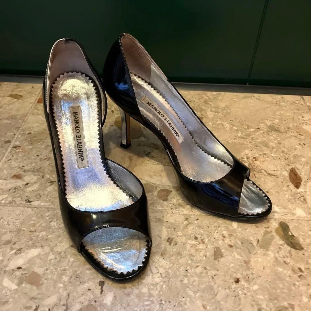 Rare Manolo Blahnik Open Toe Heels Size EU36 / US6 Black Silver Pin Heels Pumps