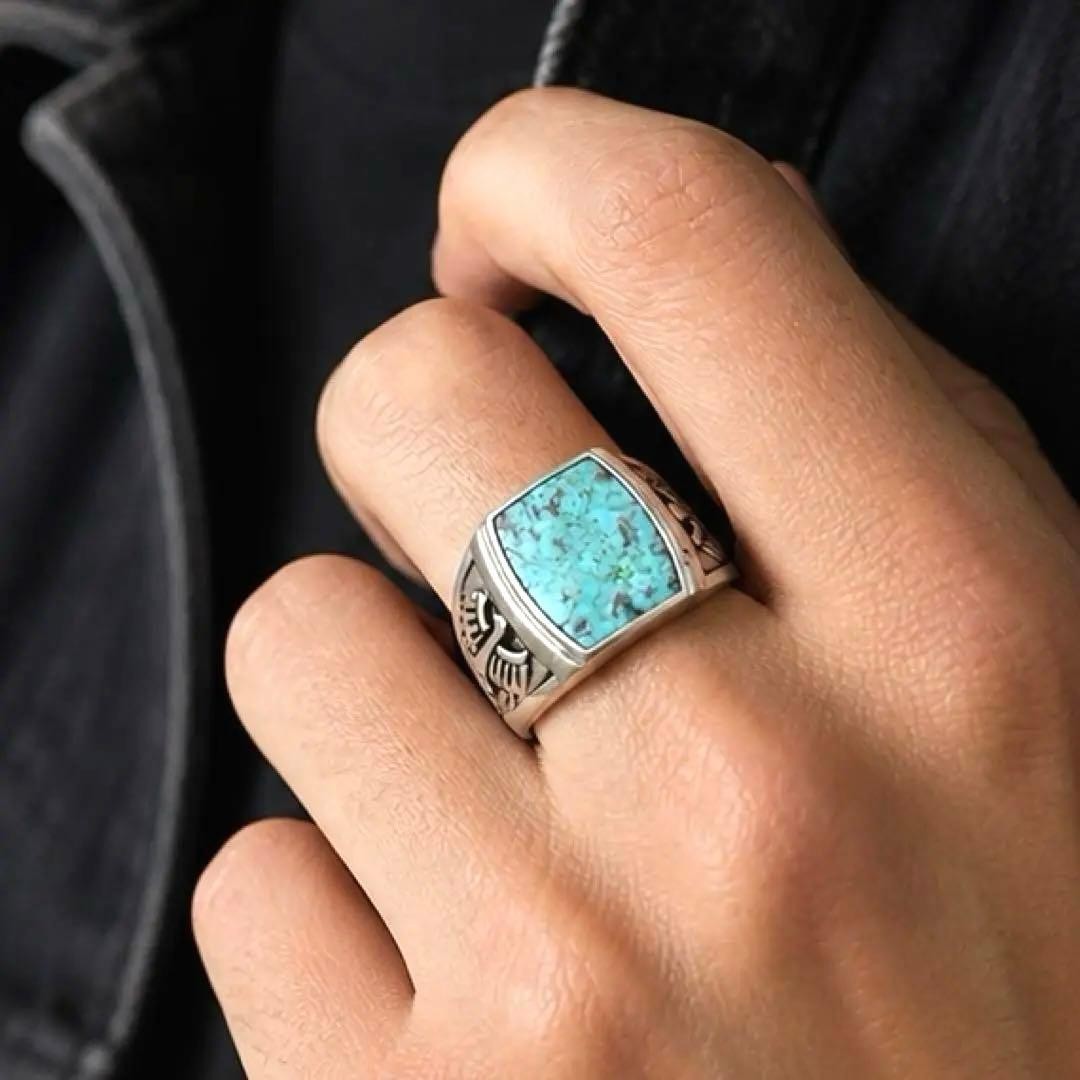 Turquoise Silver Ring, Square, Vintage, Sizes 9-9.5