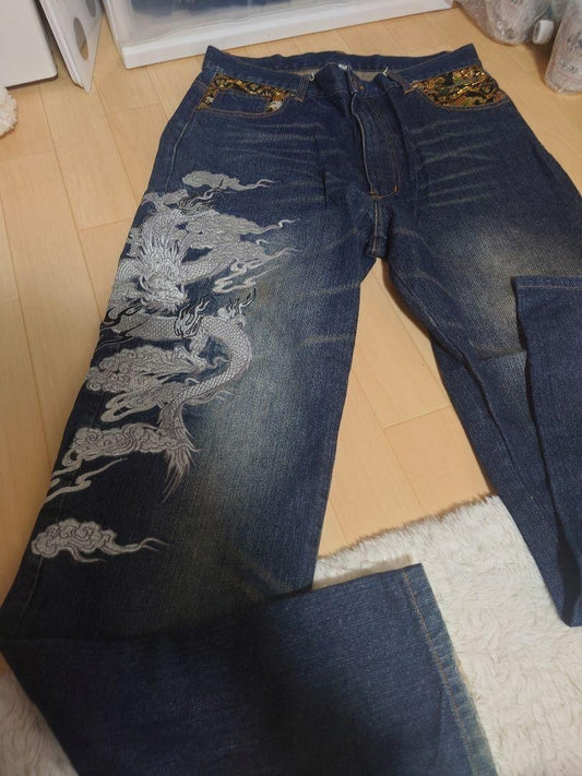 Kacho Fugetsu Men's Denim Jeans Pants Dragon Ryu Embroidered Blue Size 34