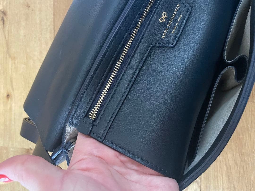 ANYA HINDMARCH Heart Shoulder Bag Navy Silk Calf Suede Leather