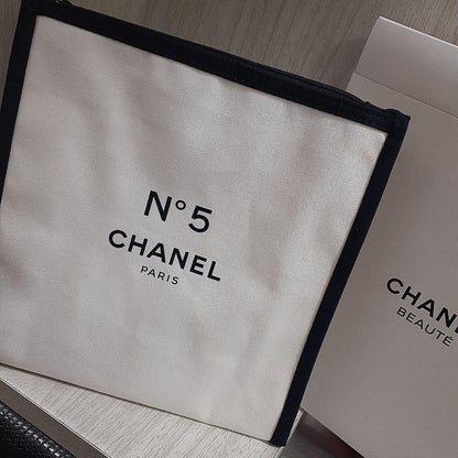 CHANEL Canvas Pouch Bag Auth White Black Women France 121304