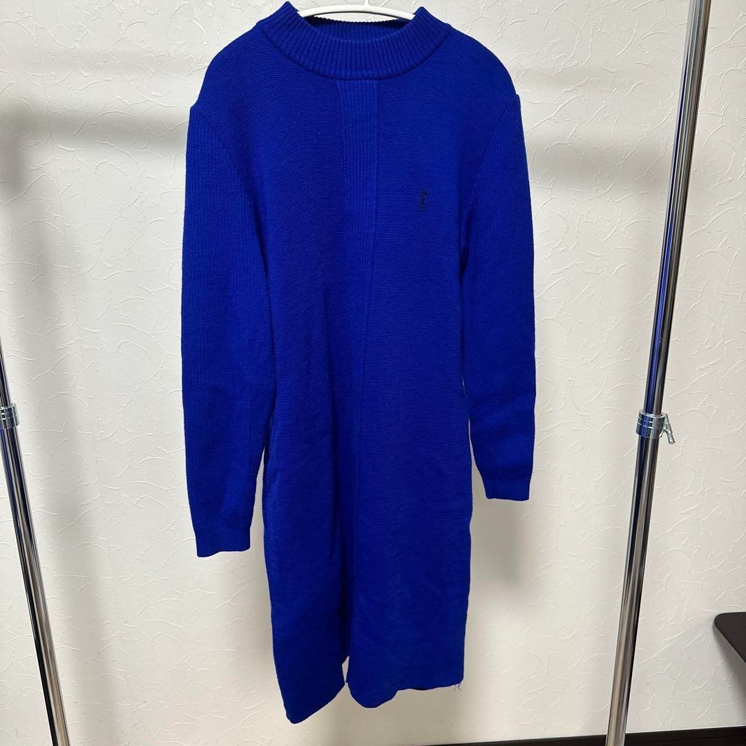 Yves Saint Laurent Woman M Ysl Blue Knit Dress Long Sleeve Vintage Stylish Cloth