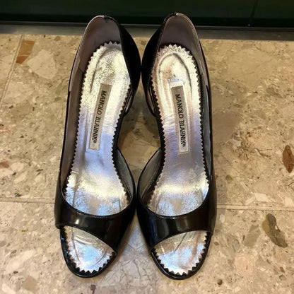 Rare Manolo Blahnik Open Toe Heels Size EU36 / US6 Black Silver Pin Heels Pumps