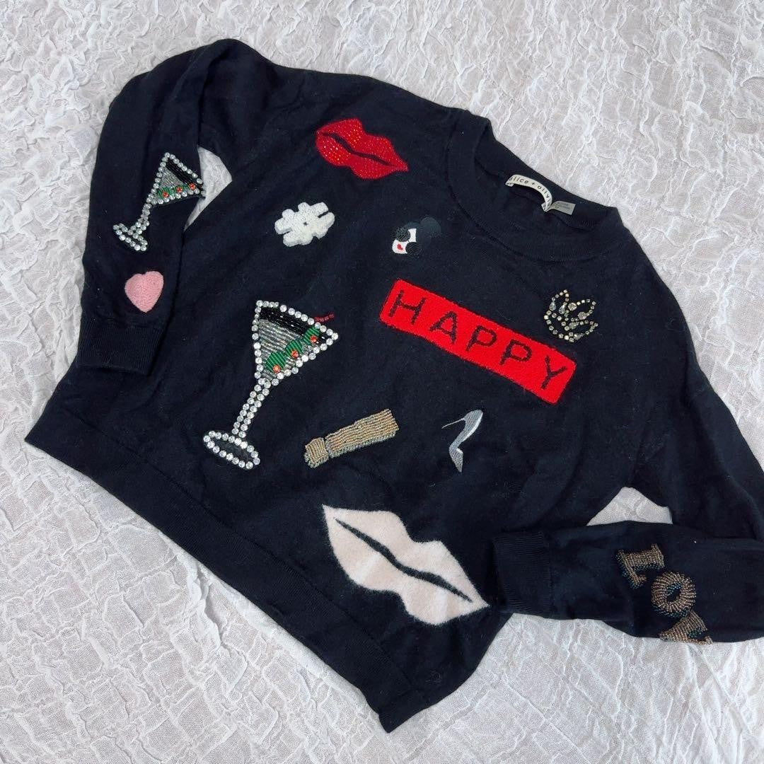 ALICE + OLIVIA Black Sweater Knit with Embroidery & Beads Size S Beaded Japan