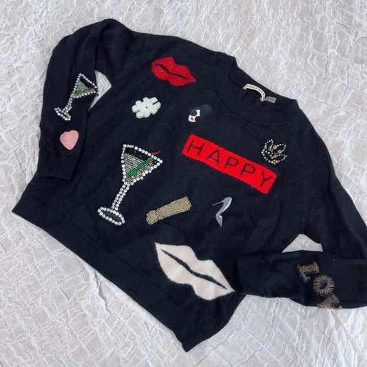 ALICE + OLIVIA Black Sweater Knit with Embroidery & Beads Size S Beaded Japan