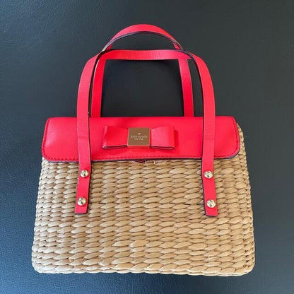 Kate Spade Pink Straw Basket Bag Wicker Handbag Top Handle 26cm Width 19cm