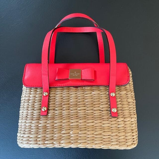 Kate Spade Pink Straw Basket Bag Wicker Handbag Top Handle 26cm Width 19cm