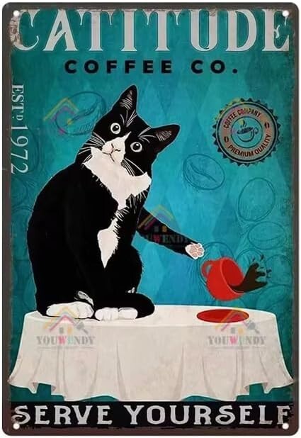 Tinplate sign, miscellaneous goods, retro, easy to install (cat and coffee 2)