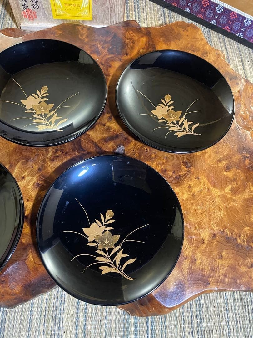 Wajima Lacquer Chinkin Black Dessert Plates Set of 5 by Miyakita with Box