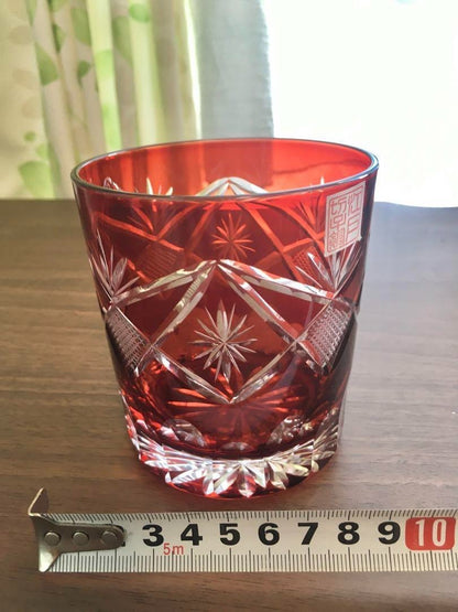 Edo Kiriko Red Crystal Glass with Intricate Design High-Quality Japanese Craft