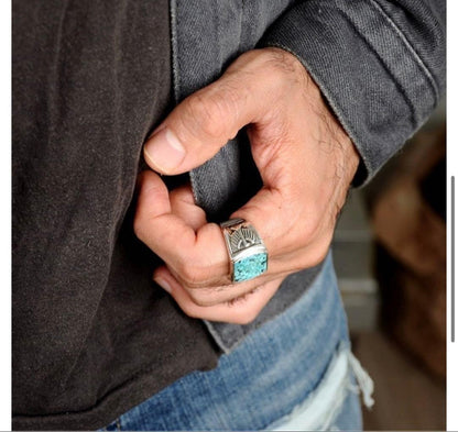 Turquoise Silver Ring with Eagle Engraving, Vintage Style, Men's