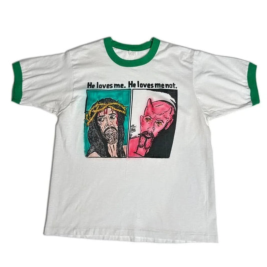 Rare 80s Jesus Devil Graphic T-Shirt He Loves Me Not VTG Screen Stars L