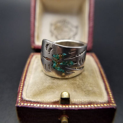 Thunderbird Crushed Turquoise Inlay 925 Silver Vintage Wrap Ring