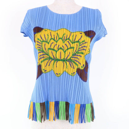 PLEATS PLEASE T-shirt Tropical Flower with Fringe Blue Women 3 PP91-JK572