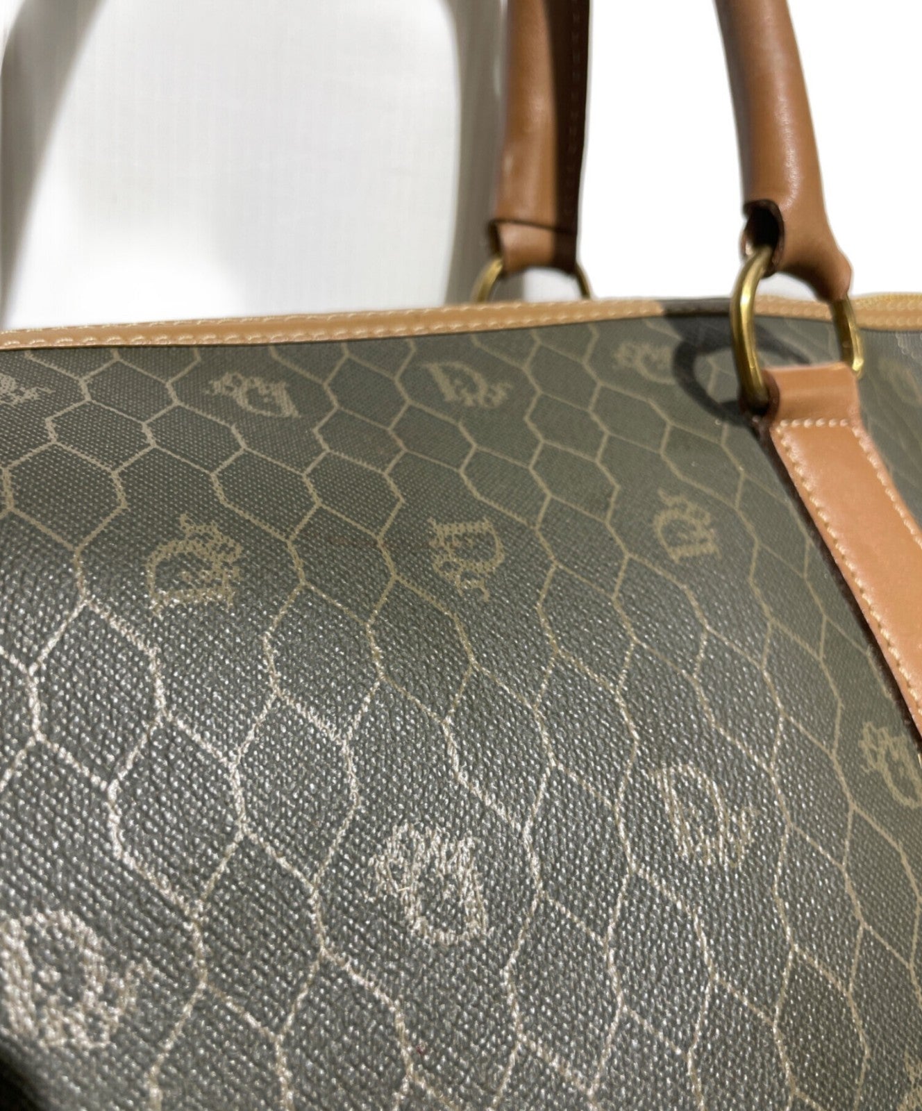 Dior Honeycomb Hand Bag Gray Canvas Leather Vintage Authentic