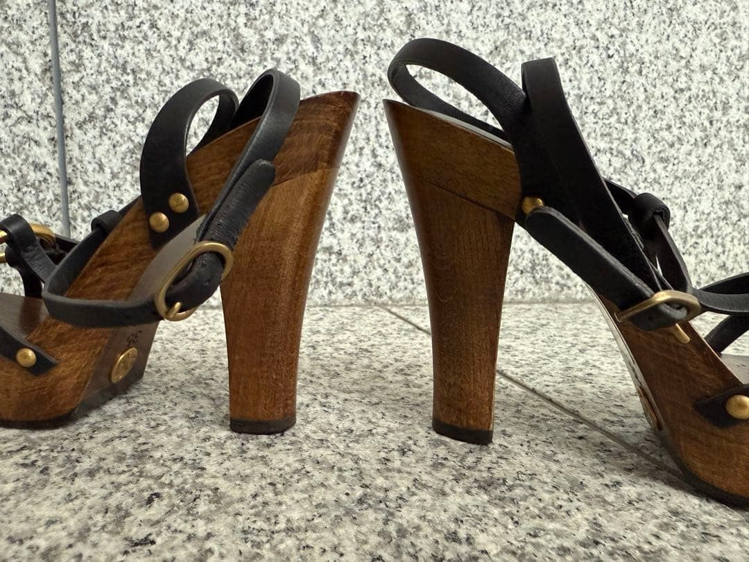 DOLCE & GABBANA Wood Sole Gold Studded Sandals Black Leather Women Size 35