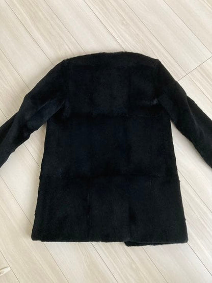 Max Mara Lapin Fur Jeweled A-line Collarless Coat Jacket Blouson Women 36 Black
