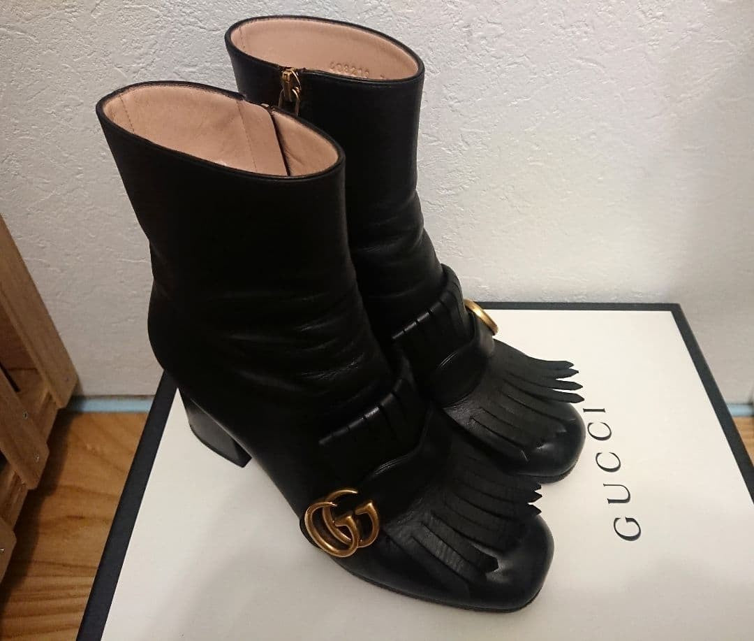 GUCCI GG Marmont Fringe Boots Black Women’s Shoes US 7.5 Authentic