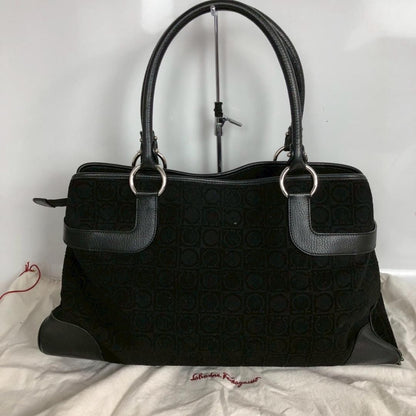 Salvatore Ferragamo Hand Bag Tote Purse Gancini Leather Black Authentic