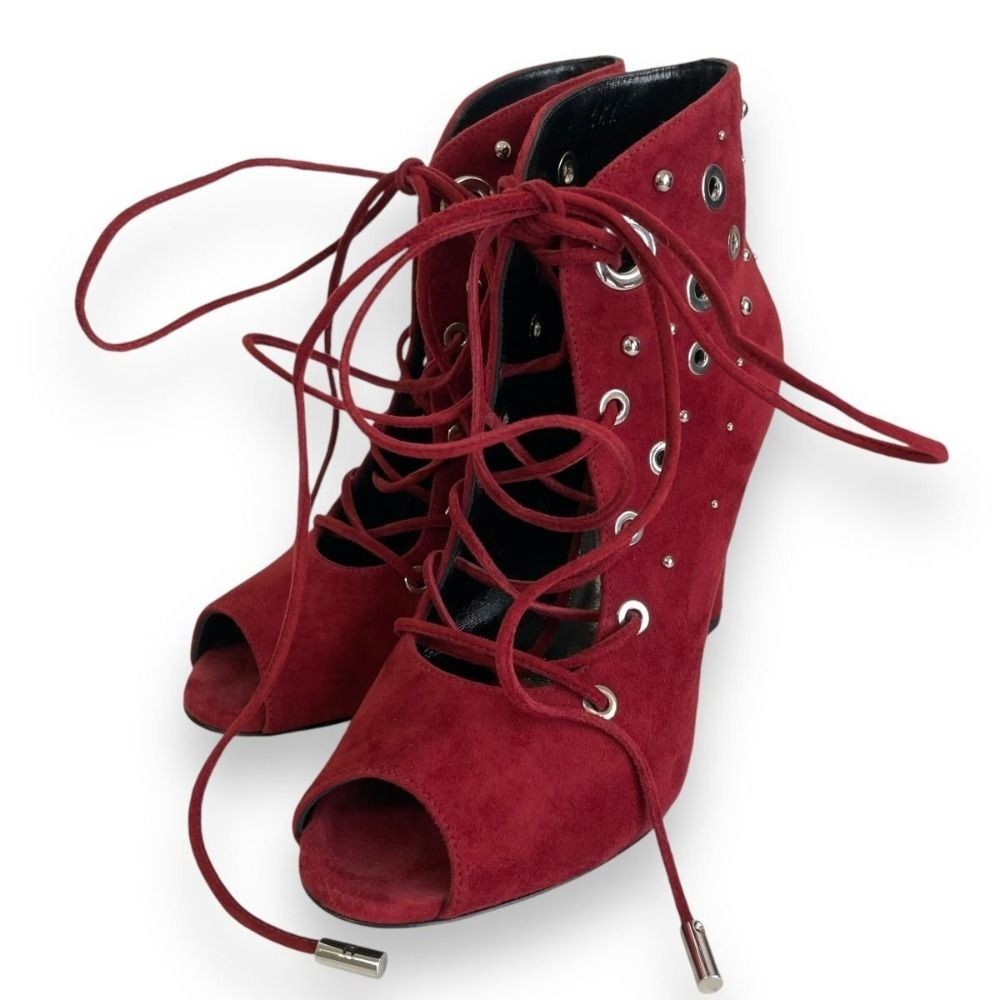 HERMES Suede Open Toe Lace-Up Bootie Short Boots 36 Approx. 9.1"" Red Women USED