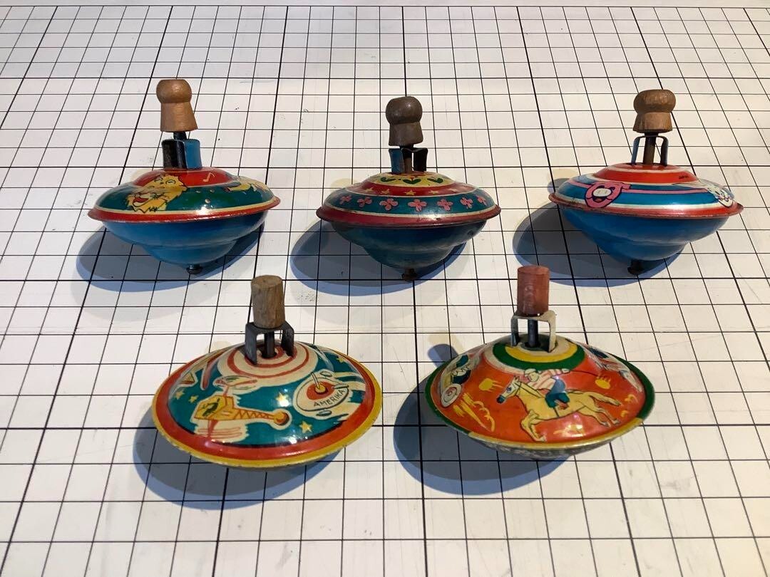 Vintage Japanese Tin Toy Spinning Tops Set of 5, 55mm, Collector's Item