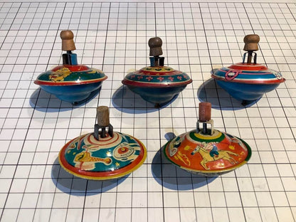 Vintage Japanese Tin Toy Spinning Tops Set of 5, 55mm, Collector's Item