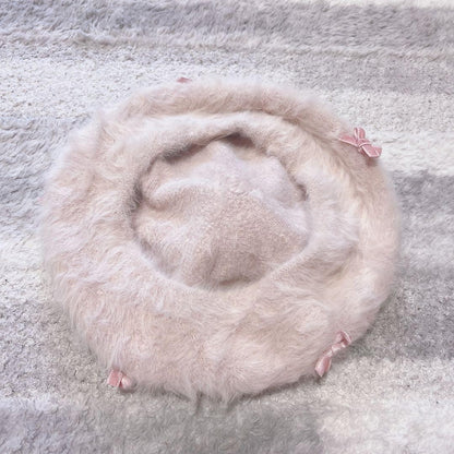LIZ LISA Pink Fur Beret with Ribbon Cute Vintage Style Excellent Condition