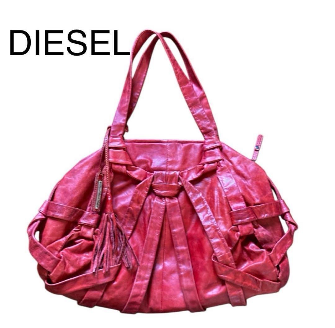 Diesel Women Genuine Leather Shoulder Bag Tassel A4 Size Storage Capacity Red