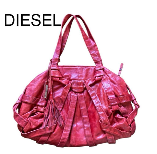 Diesel Women Genuine Leather Shoulder Bag Tassel A4 Size Storage Capacity Red