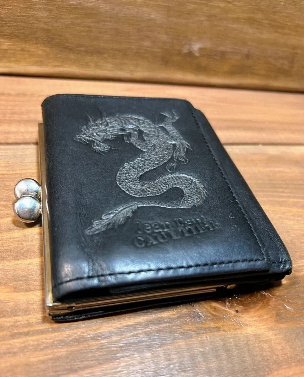 Jean Paul Gaultier Dragon Rare Black Leather Trifold Wallet Clasp Closure Men JP