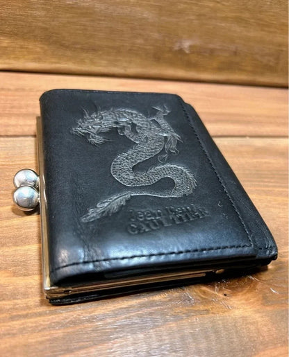 Jean Paul Gaultier Dragon Rare Black Leather Trifold Wallet Clasp Closure Men JP