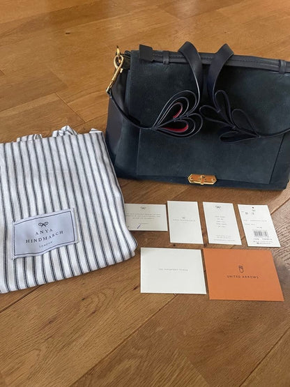 ANYA HINDMARCH Heart Shoulder Bag Navy Silk Calf Suede Leather