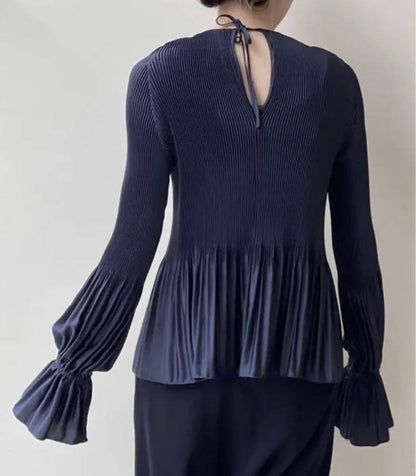 KALLMEYER Pleats Blouse Navy Feminine Flare Sleeve Elegant