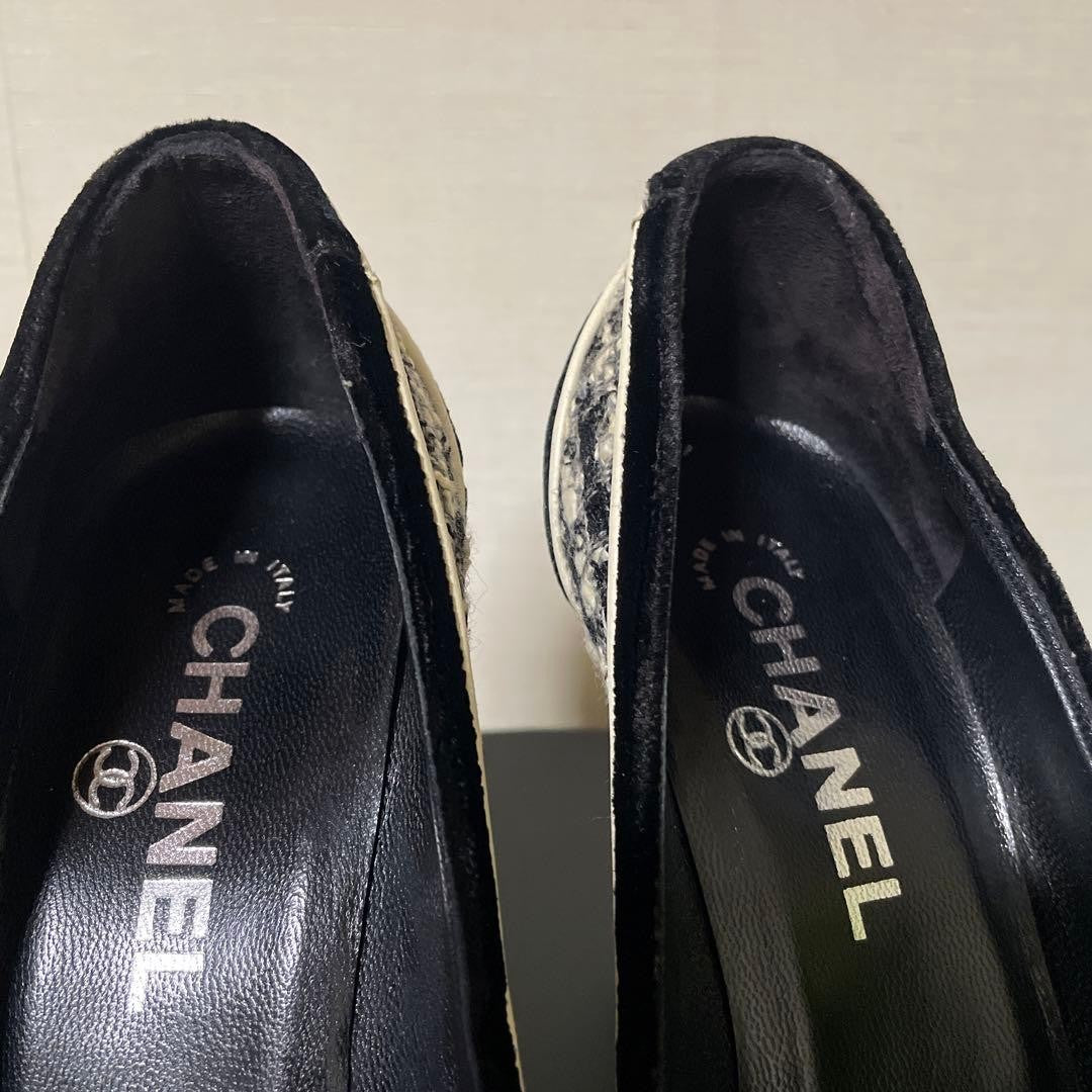 CHANEL Shoes Pumps Heel EU 36 US 6 Tweed Black White Authentic