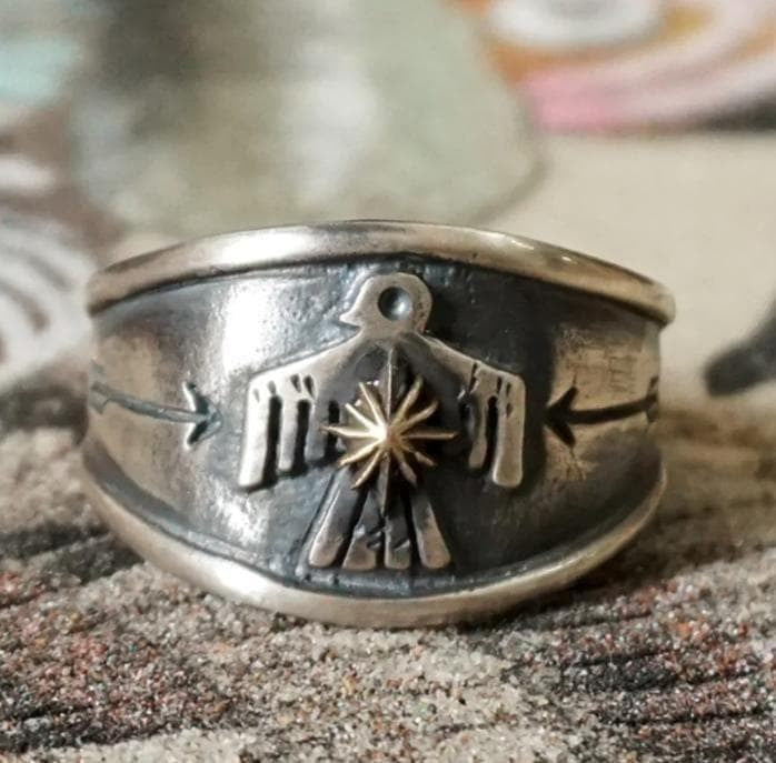 Thunderbird Ring, Native American Style, Thick Band, Engraved