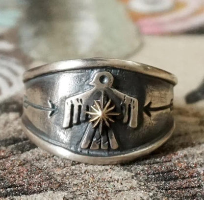 Thunderbird Ring, Native American Style, Thick Band, Engraved