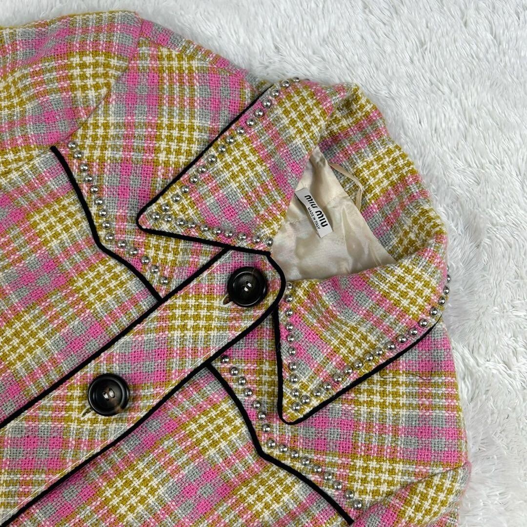 Miu Miu Tweed Coat Outerwear Fashion Jacket Pink Plaid Checkered size 38 Used