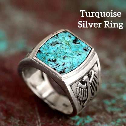 Turquoise Silver Ring with Vintage Eagle Carving - Men's