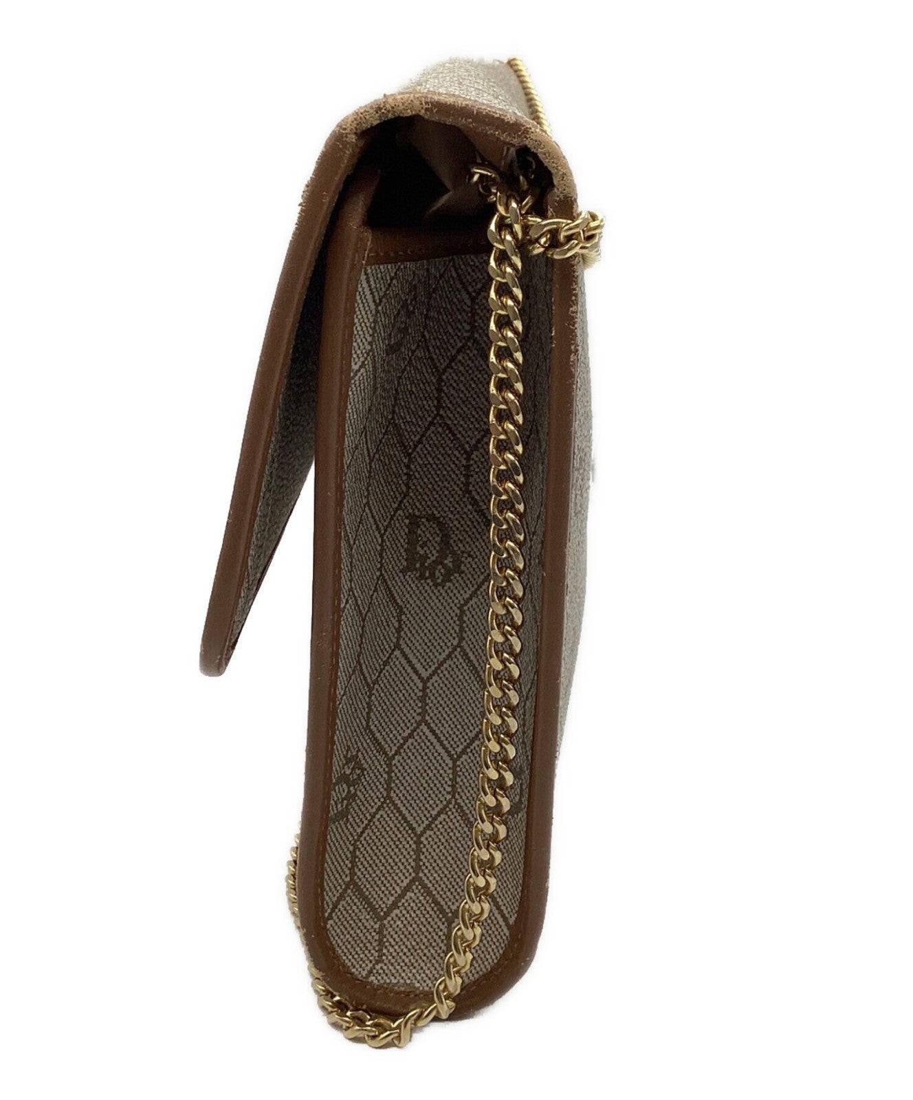 Dior Honeycomb Chain Shoulder Crossbody Bag Beige Canvas Leather Vintage Auth