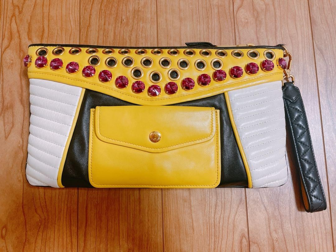 Auth MIU MIU Black & Multicolors Leather & Crystal Clutch Hand Wrist Bag #60125